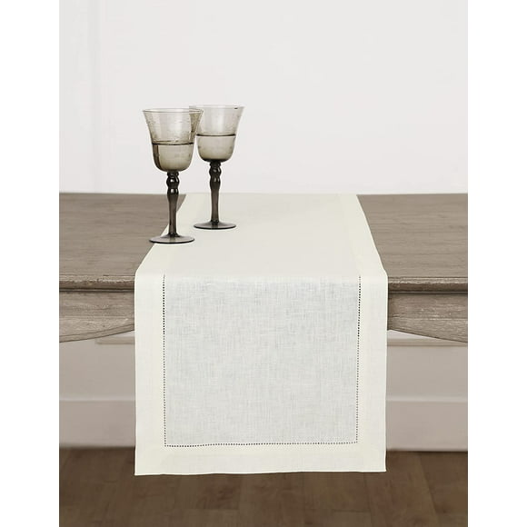 Handcrafted Graphite Solino Home 100% Pure Linen Fringe Table Runner – 14 x 108 Inch Natural Fabric 